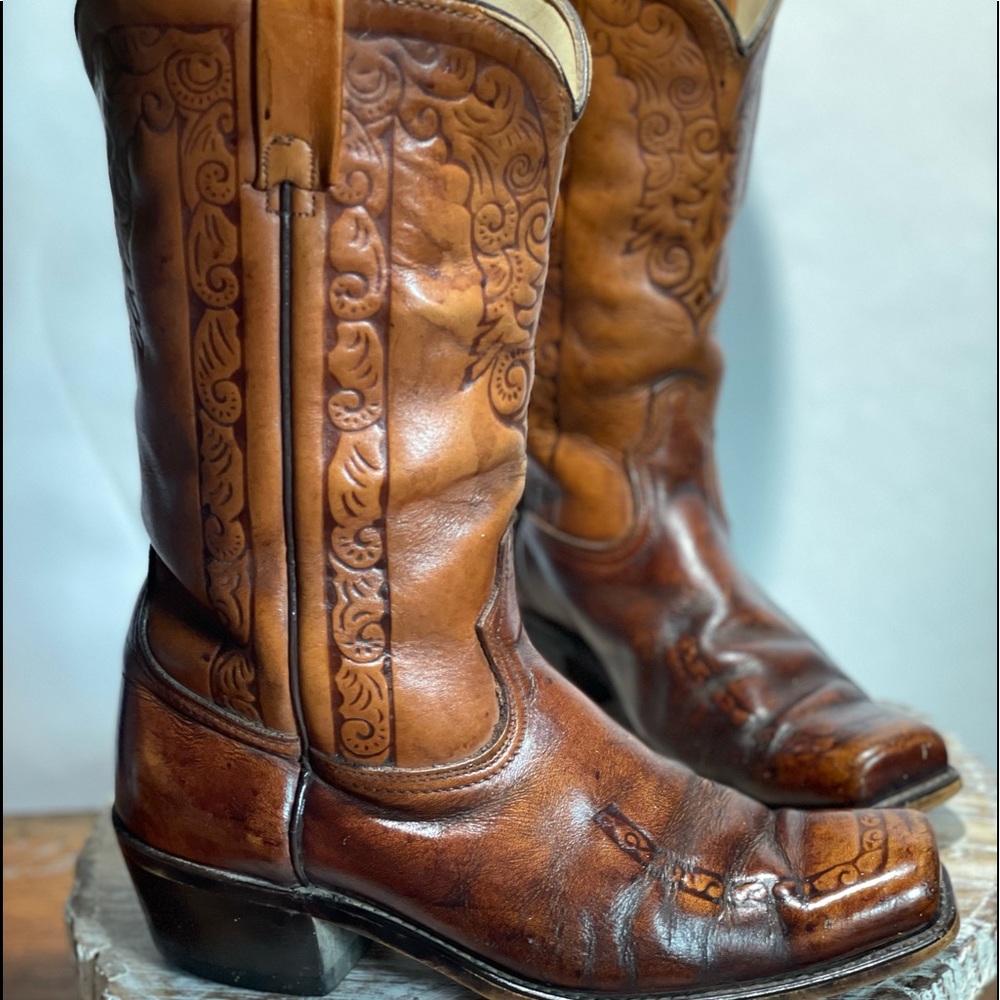 Acme vintage brown tooled leather boots mens 8.5